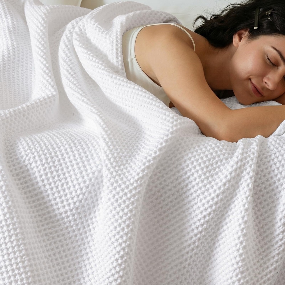 PHF Waffle Weave Blanket King White 100% Natural Washed Cotton Cozy Cottage New
